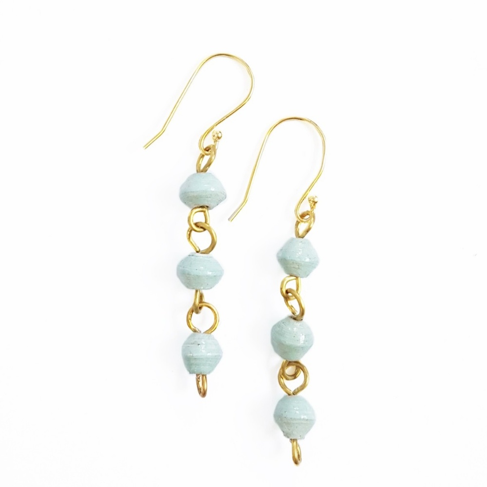 Paper Bead Drop Earrings Sky Blue 14k Plated Eco